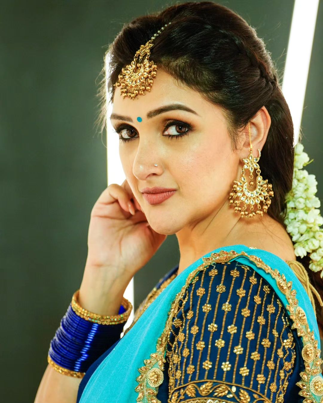 Telugu Tv Actress Sridevi Vijaykumar in Sky Blue Lehenga Choli